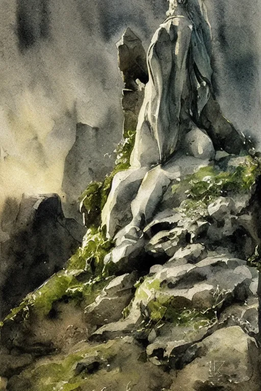 Prompt: abstract watercolor painting of witch god monument, in stone and wood, moss, magical and traditional, cinematic light, national romanticism by anders zorn