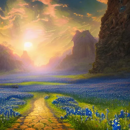 Prompt: a beautiful and detailed picture of gateway to the underworld surrounded by a field of bluebonnets, in the style of magic the gathering, highly detailed, digital painting, ominous sunset, volumetric lighting, octane render, 4 k resolution, art by adam paquette and johann bodin and jason rainville