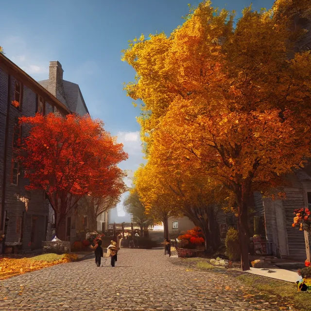 Image similar to small new england stone colonial city street with shops and pumpkins, maple trees with fall foliage, new hampshire mountain, stone street, volumetric, realistic, cinematic lighting, ray tracing, unreal engine 5, octane render, hyper realistic, photo, 8 k