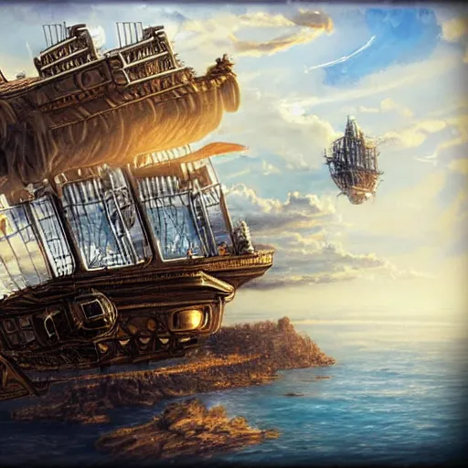 Image similar to steampunk sky-ship flying through clear blue skies, epic fantasy art style HD