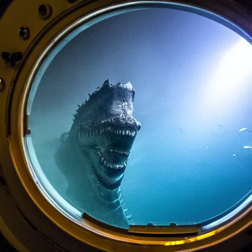 Prompt: a ghost leviathan seen through the porthole of a submarine, dark, underwater,