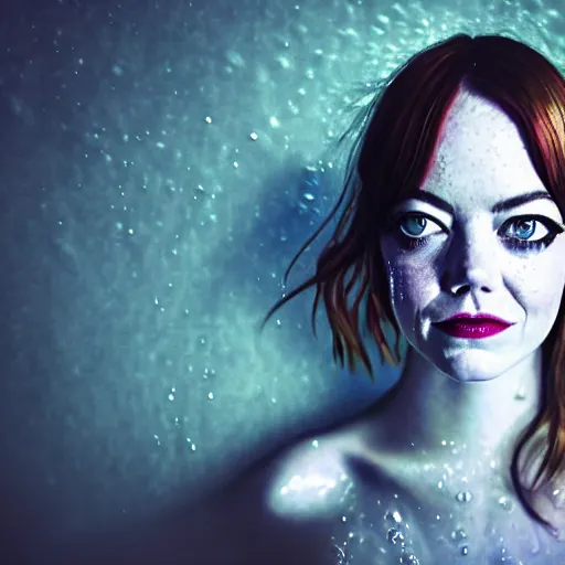 Prompt: Emma Stone as a mermaid, grungy, unkept hair, glowing eyes, modelsociety, wet from rain, radiant skin, huge anime eyes, bright on black, dramatic, studio lighting, perfect face, intricate, Sony a7R IV, symmetric balance, polarizing filter, Photolab, Lightroom, 4K, Dolby Vision, Photography Award