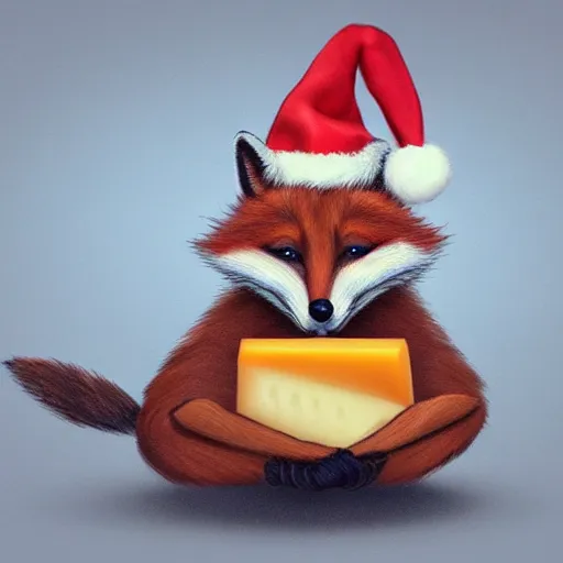 Image similar to A Detailed Award Winning Masterpiece, trending on artstation, 4k, of a fox wearing a santa hat, eating a cheese platter