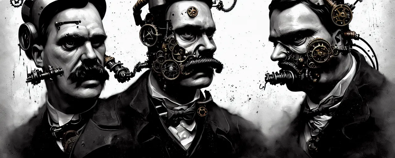 Image similar to duotone dark concept illustration 3 / 4 portrait of friedrich nietzsche as steampunk cyborg with thor hammer smoke all around. highly detailed mechanism cinematic volumetric ghastly lighting. by sachin teng and sergey kolesov and ruan jia and heng z. graffiti art, scifi, fantasy, hyper detailed. octane render. concept art. trending on artstation