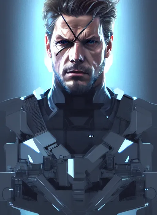 Image similar to symmetry!! portrait of solid snake, metal gear solid, tech wear, glowing lights!! intricate, elegant, highly detailed, digital painting, artstation, concept art, smooth, sharp focus, illustration, art by artgerm and greg rutkowski and alphonse mucha