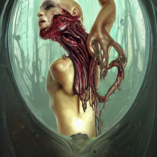 Image similar to portrait of a bloodied ornate filigreed slime dripping genderless insect alien monster, muscles, rippling, space warping and twisting, ultra realistic, concept art, intricate details, eerie, highly detailed, photorealistic, octane render, 8 k, unreal engine. art by artgerm and greg rutkowski and alphonse mucha