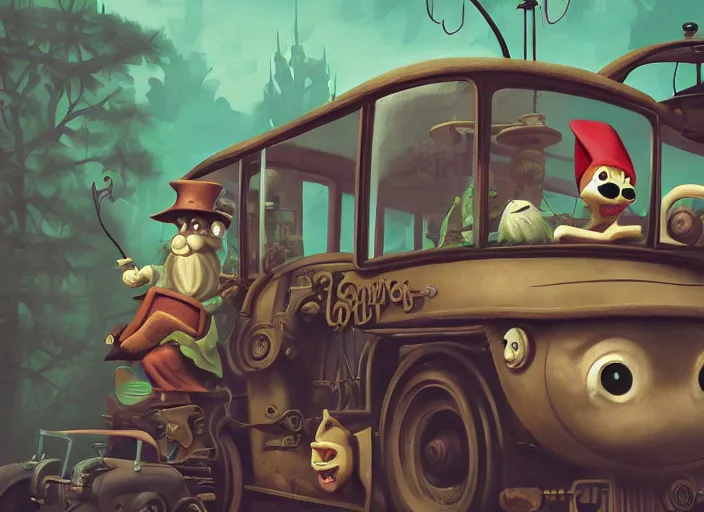 Image similar to matte sharp painting, close - up of a garden gnome driving a steampunk bus, juxtapoz, artforum, gary baseman, preston blair, tex avery, dan mumford, pedro correa