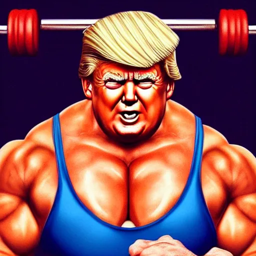 Image similar to extremely buff Donald Trump, steroids, testosterone, lifting weights, laughing, surrounded by women in swimsuits, trending on artstation, hyper realistic, golden hour