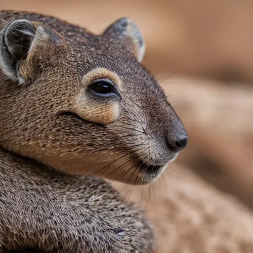 Prompt: wooden wrist watch on the head of a hyrax realistic natural light