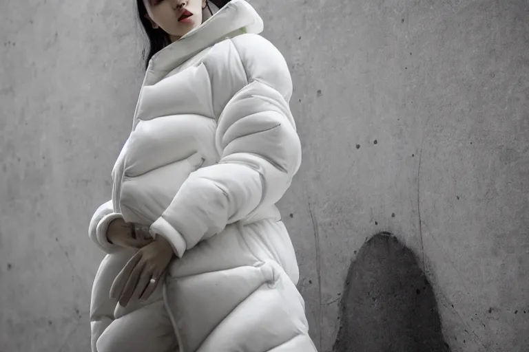 Image similar to well lit fashion shoot portrait of extremely beautiful female marble statue wearing huge over size puffer jacket by dingyun zhang, yeezy, balenciaga, vetements, a cold wall, sharp focus, clear, detailed,, cinematic, detailed, off white, glamourous, symmetrical, vogue, editorial, fashion, magazine shoot, glossy