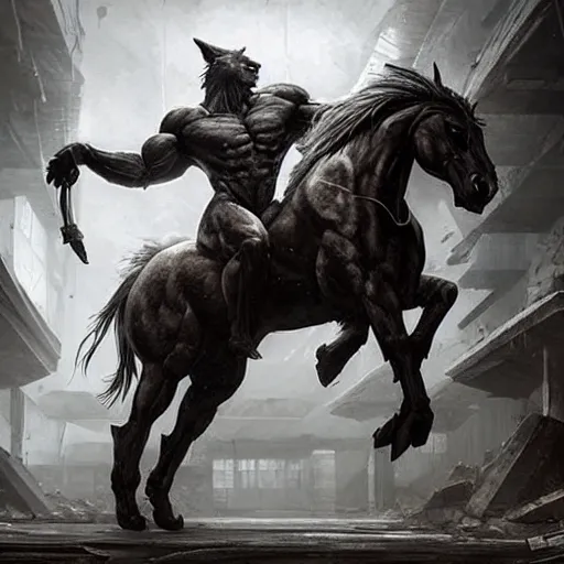 Prompt: splash art of a dark - coated titanically muscular anthro horse with a magnificently massive physique wearing a tight kevlar battle outfit standing in the ruins of a facility, equine, highly detailed, digital painting, artstation, sharp focus, game art, concept art, illustration, art by artgerm, greg rutkowski, wlop