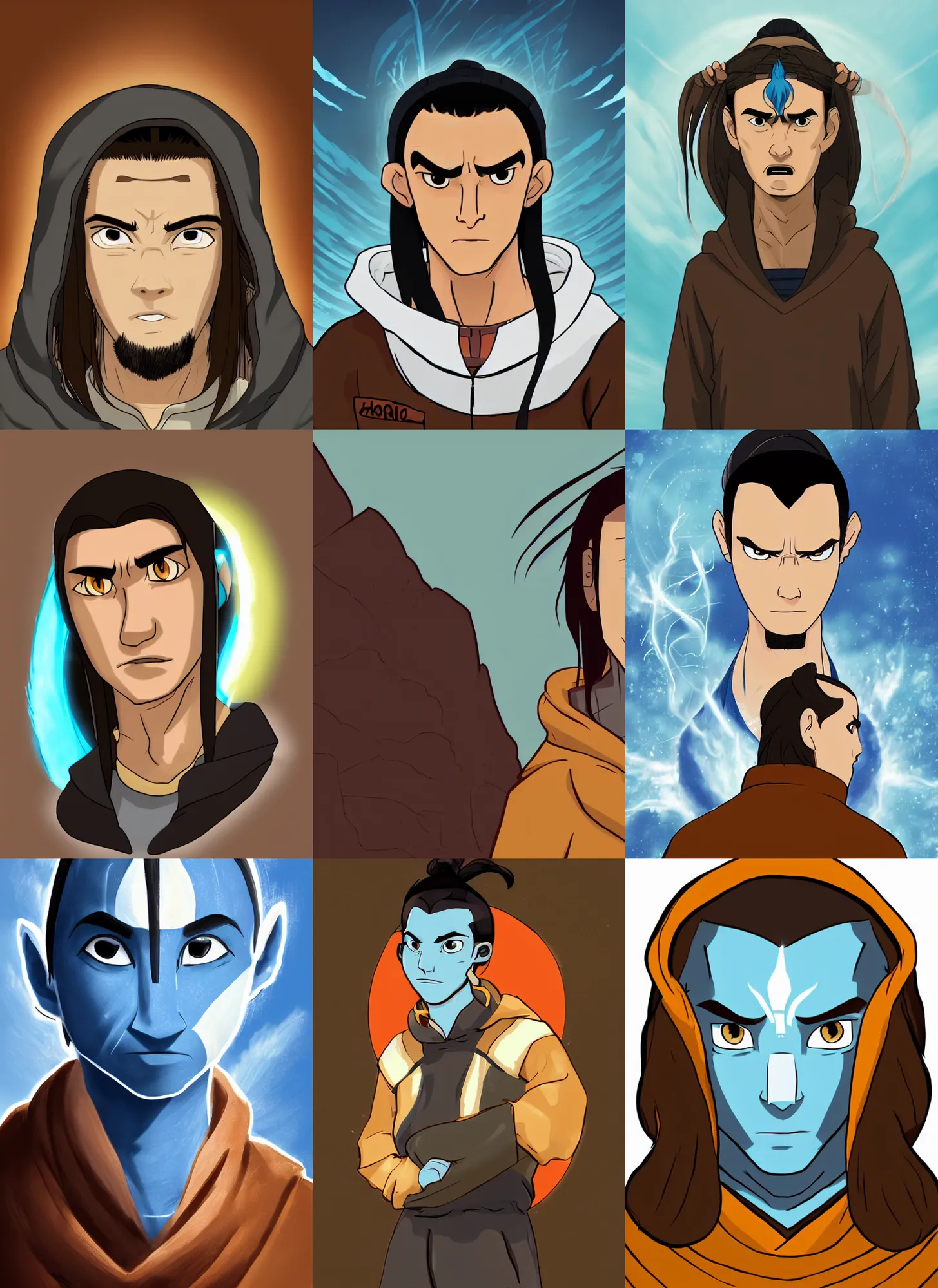 Prompt: a man in his late twenties with long light brown hair tied back, a widows peak and a round face wearing a hoody, in the style of avatar the last airbender, digital art