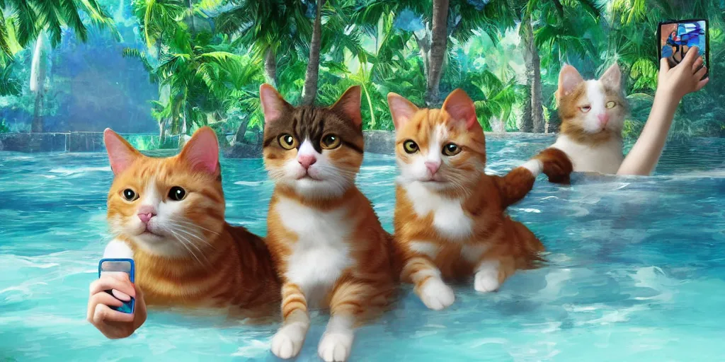 Image similar to cat and dog taking selfie in a swimming pool in the middle of the jungle, highly detailed, digital painting, artstation, concept art