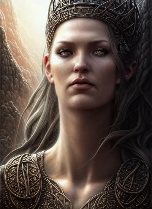 Prompt: closeup portrait shot of a norse goddess in a scenic dystopian environment, intricate, elegant, highly detailed, centered, digital painting, artstation, concept art, smooth, sharp focus, illustration, artgerm, tomasz alen kopera, peter mohrbacher, donato giancola, joseph christian leyendecker, wlop, boris vallejo