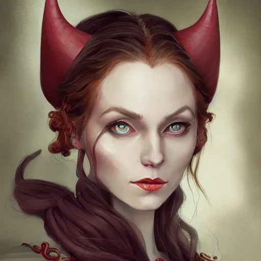 Image similar to a detailed matte head - on portrait painting of an middle - aged tiefling elegant and distinguished noblewoman with golden eyes and short long flowing red hair, by charlie bowater, lise deharme, wlop, tending on arstation, dungeons and dragon, dnd, pathfinder, fanart, oil on canvas