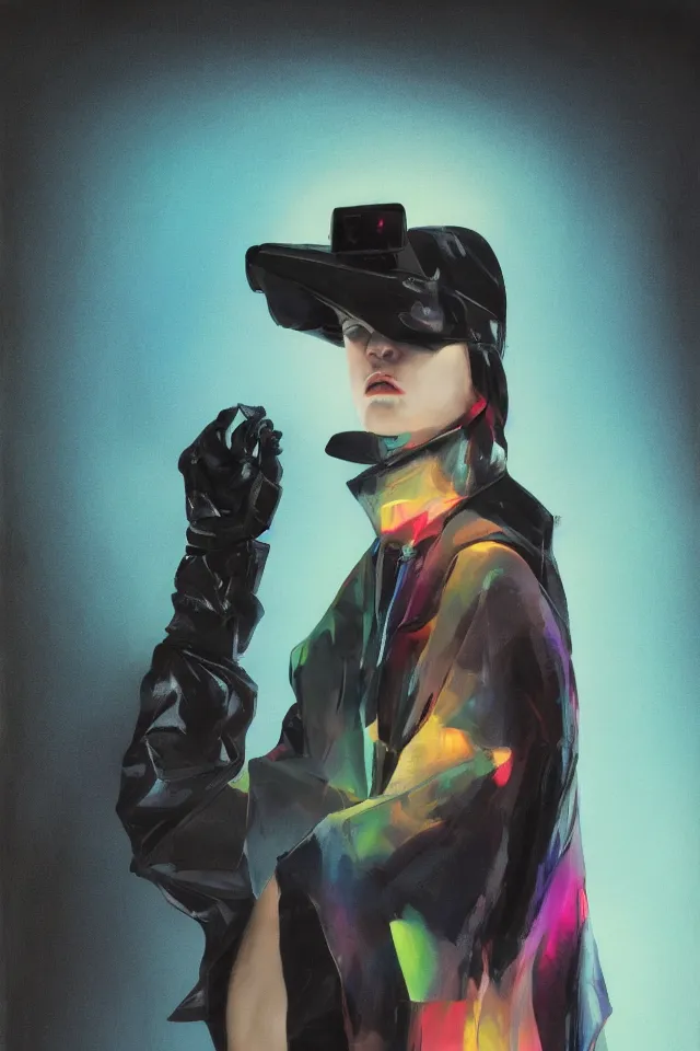 Image similar to digital fashion, androgynous person, tactical poncho latex rags, wearing a visor, techwear, iridiscent light, high key, cinematic lighting at night, neon, phil hale, boris vallejo, alberto mielgo, patrick o'keeffe