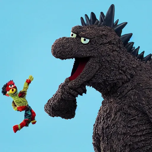 Image similar to godzilla elmo hybrid destroying sesame street