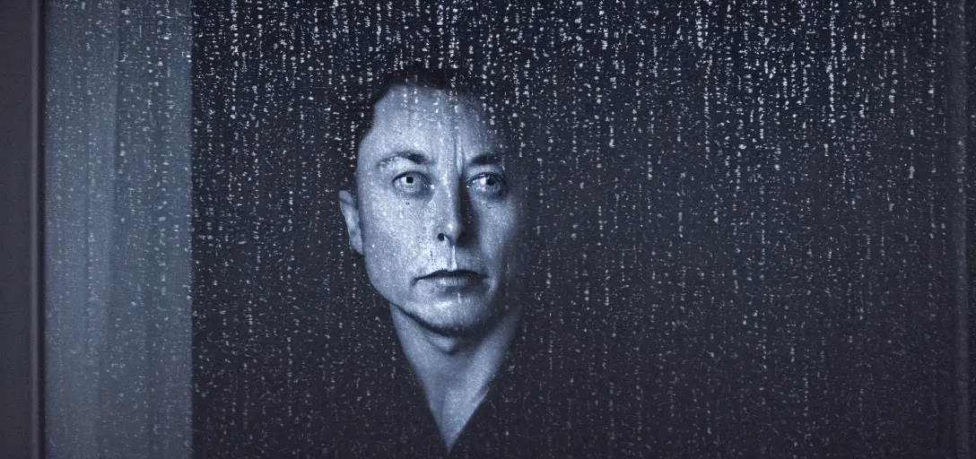 Image similar to dark photo of dark blue rainy bedroom window at night, dimly lit creepy face of elon musk staring in through the window, horror, scary face,