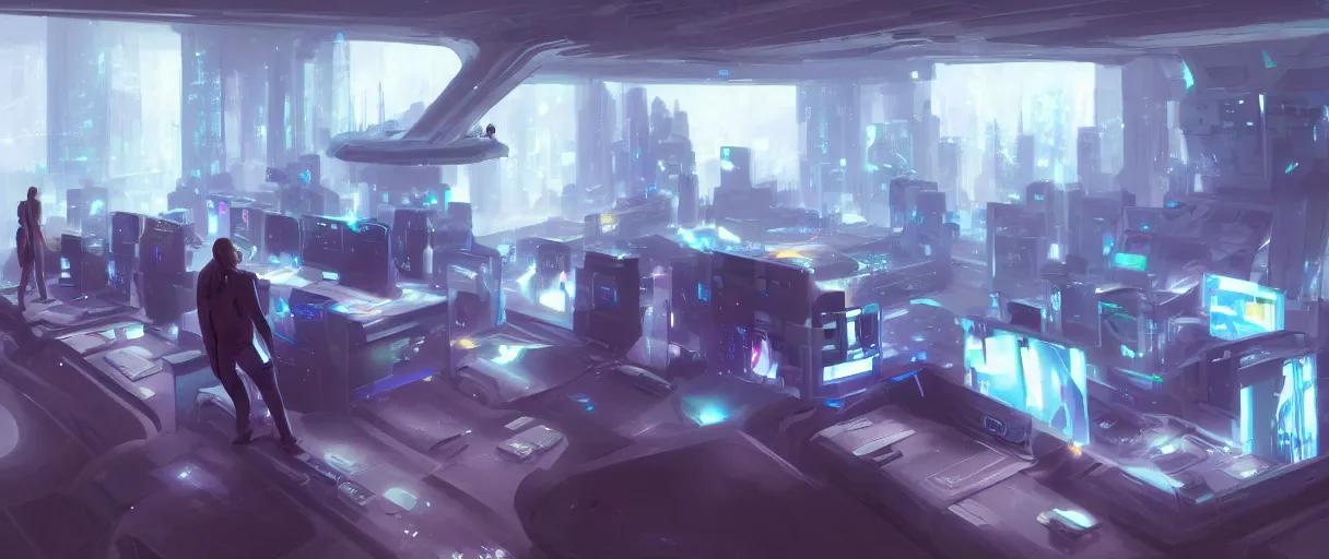 Image similar to futuristic computers in a room with holograms of screens, figure facing towards it, futuristic, concept art, matte painting, digital art, high detail, trending on art station, style of jordan grimmer