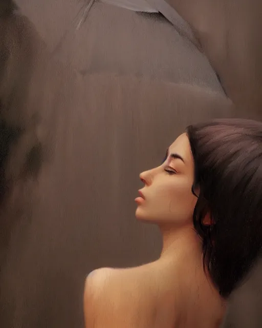 Image similar to an ultradetailed beautiful portrait painting of a stylish girl standing in the rain, side view, oil painting, by ilya kuvshinov, greg rutkowski and makoto shinkai