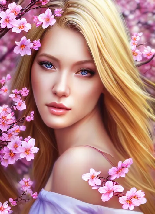 Image similar to photo of a gorgeous blonde female in the style of stefan kostic, realistic, half body shot, sharp focus, 8 k high definition, insanely detailed, intricate, elegant, art by stanley lau and artgerm, extreme blur cherry blossoms background