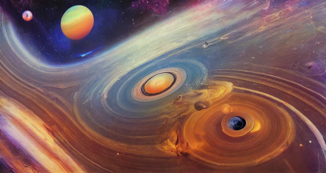 Image similar to saturn rings chaotic oil painting cosmic horror gigantic scale