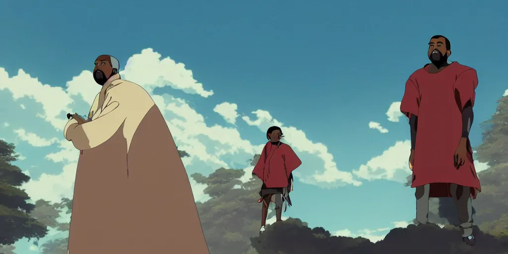 Prompt: kanye west in a studio ghibli movie, movie still frame, anime art style, studio ghibli, 4 k, 8 k