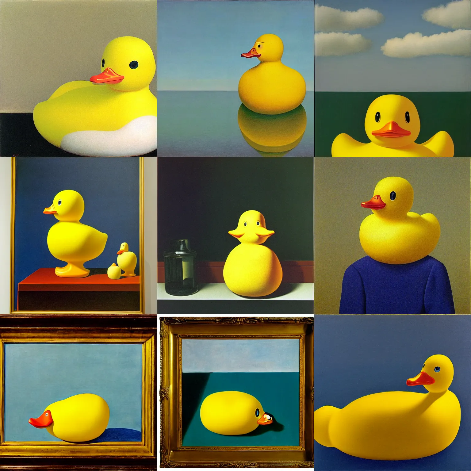 Image similar to portrait of a yellow rubber duck by rene magritte, oil on canvas.