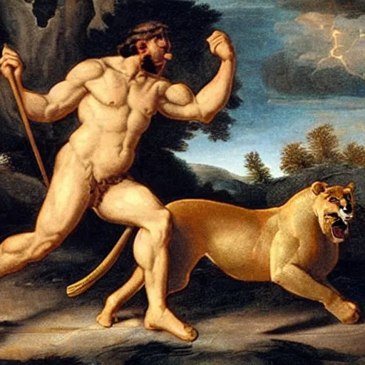 Image similar to hercules fighting a lion.