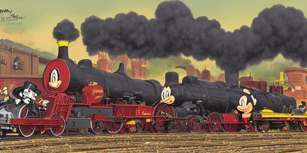 Image similar to steam locomotives drag racing side by side, smoky and steamy air, carl barks style