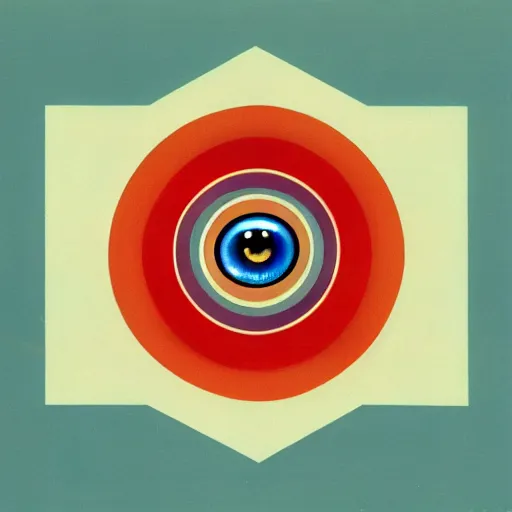 Image similar to logo of eye looking down on city, symmetrical, washed out color, centered, art deco, 1 9 5 0's futuristic, glowing highlights, intense