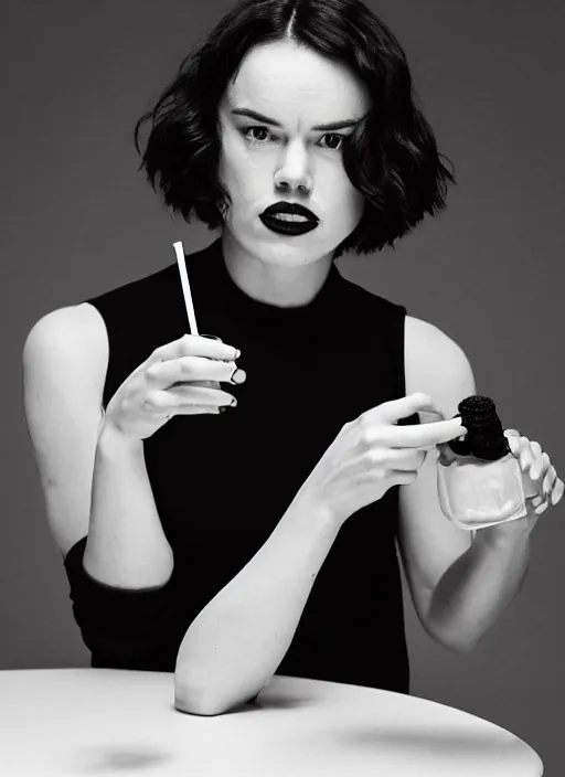 Prompt: a photograph of a Daisy Ridley with red lipstick and black bob with fringe, wearing a white shirt, seated at a table, drinking a milkshake with a straw, by A.M. Cassandre, medium format photography, Hasselblad, film