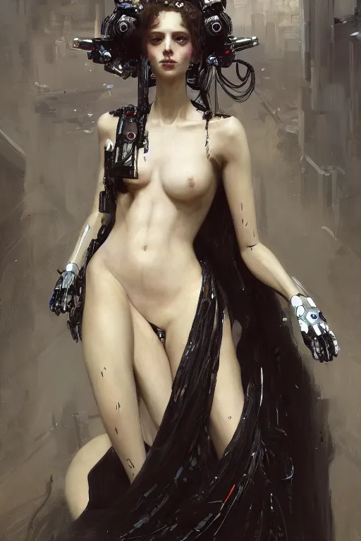 Image similar to laying beautiful painting of a crowned robotic cyberpunk princess in a gothic dark flowing gown laying, intricate, elegant, highly detailed, digital painting, artstation, concept art, by krenz cushart and artem demura and william adolph bouguereau