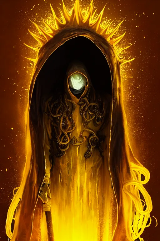 Image similar to A full body portrait of a mysterious character with no face with a very long hooded yellow cloak, a golden crown floating above his head tentacles coming out the ground art by Maciej Kuciara and Jason Chan, ominous, cosmic horror, trending on artstation, Ultra detailed, hyper realistic 4k