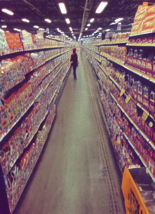 Image similar to first person view. walking through a costco in 1 9 9 7. blurry polaroid