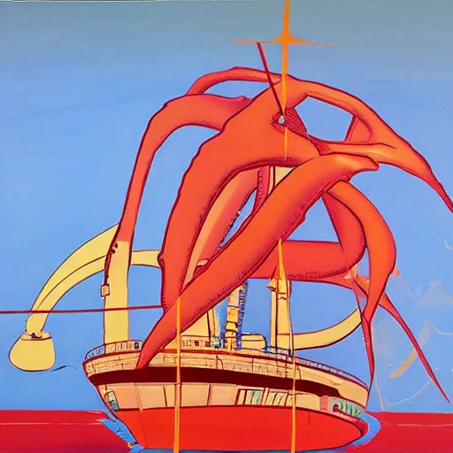 Image similar to A giant squid destroying a cruise ship in the middle of the ocean, oil painting by Andy Warhol