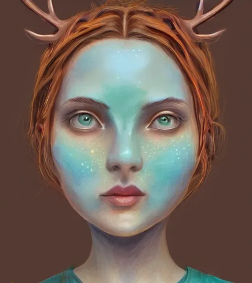 Image similar to A beautiful digital painting of a young woman with a round face and teal skin. She has antlers made from wood on her head and brown curly hair with orange oak leaves. She wears a green dress. D&D, fantasy, intricate, beautiful eyes, cinematic lighting, highly detailed, digital painting, Artstation, concept art, smooth, sharp focus, illustration, art by Artgerm and Greg Rutkowski and Alphonse Mucha