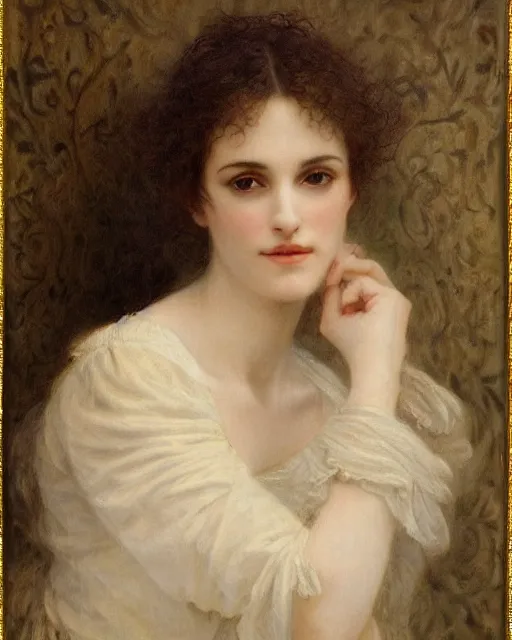 Image similar to portrait en buste of winona ryder in repose by Hughes Merle, Pierre Auguste Cot, perfect detailed eyes, realistic fabric, abundant detail, kiera knightley