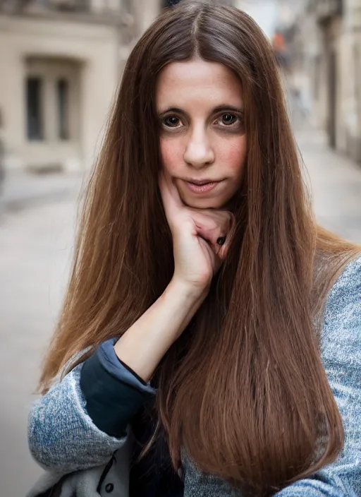 Prompt: portrait of beautiful 30-years-old French woman, with straight hair, well-groomed model, with lovely look, candid street portrait in the style of Martin Schoeller award winning, Sony a7R