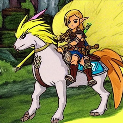 Image similar to legend of zelda link riding an amoured chocobo