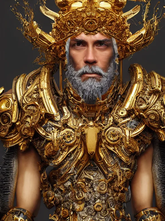 Image similar to portrait art of 8k ultra realistic Zeus,intricate gold crown, detailed intricate ornate armour,decaying, cybernetic, full of colour, cinematic lighting, battered, trending on artstation, 4k, hyperrealistic, focused, extreme details,unreal engine 5, cinematic, masterpiece, art by ayami kojima, giger