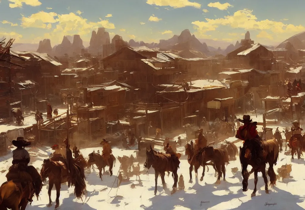 Image similar to greg manchess painting of a wild west town landscape with no person nor horse in the painting only buildings in the year 1 8 5 0, in winter, painting, trending on artstation, by huang guangjian and gil elvgren and sachin teng