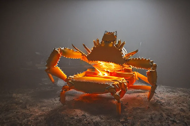 Prompt: royal king crab in his castle, in 2 0 1 2, bathed in the the glow of a fire, royalcore, low - light photograph, photography by tyler mitchell