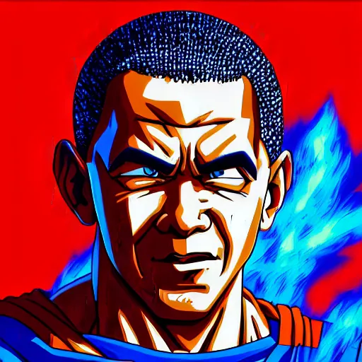 Image similar to ultra realistic portrait painting of barak obama as super saiyan 3 goku, art by akira toriyama, 4 k, dragon ball artstyle, cel shaded, highly detailed, epic lighting