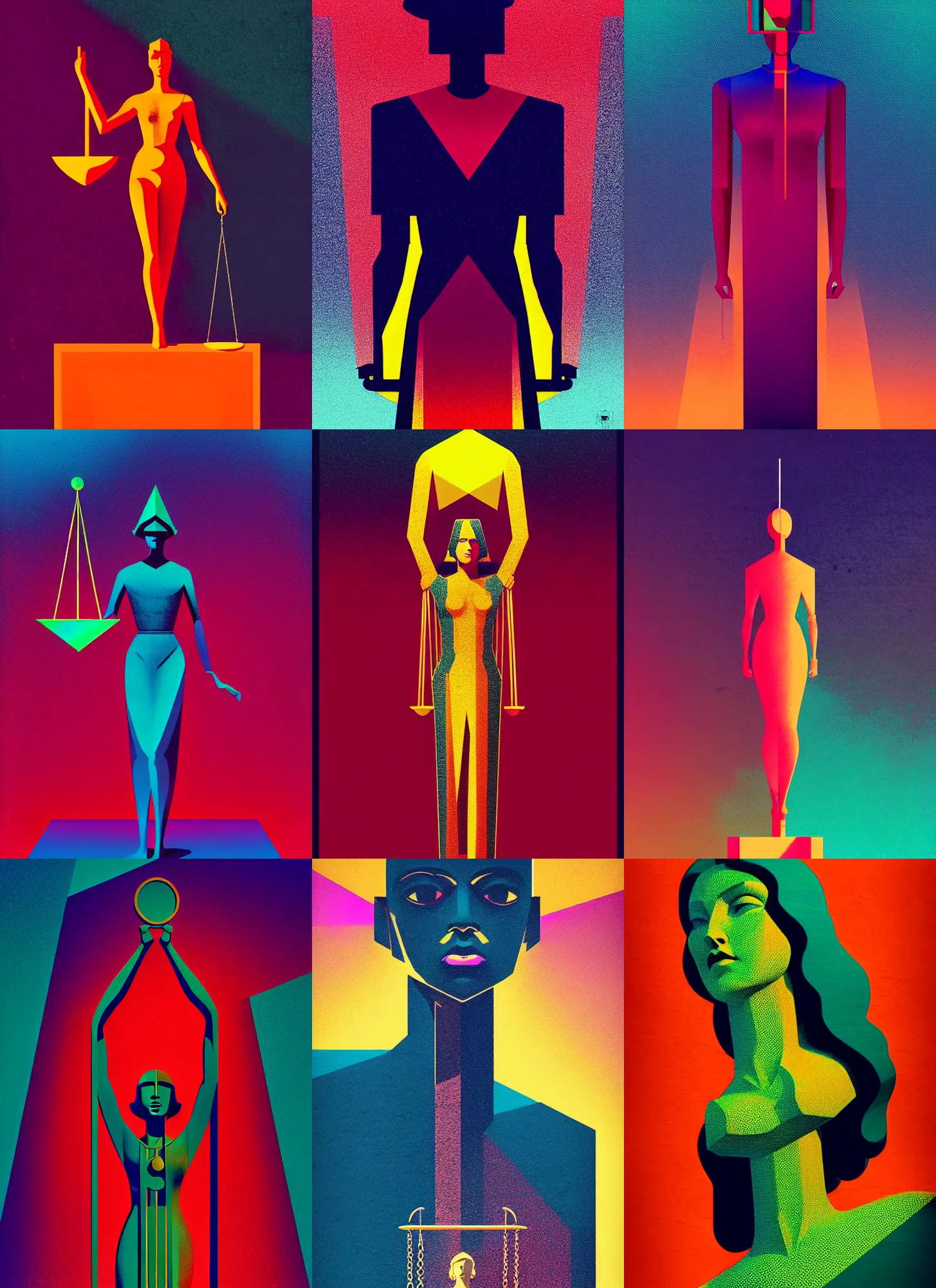 Prompt: ( ( dither ) ), editorial illustration full body portrait statue of lady justice, modern art deco, colorful, ( ( mads berg ) ), christopher balaskas, victo ngai, moebius, rich grainy texture, detailed, dynamic composition, wide angle, bauhaus, geometric, wood block pirnt