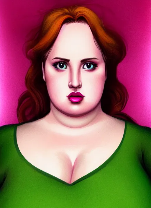 Image similar to full body portrait of teenage cheryl blossom, obese, bangs, green eyes, sultry expression, red hair, sultry smirk, bangs and wavy hair, pink skirt, obese, intricate, elegant, glowing lights, highly detailed, digital painting, artstation, concept art, smooth, sharp focus, illustration, art by wlop, mars ravelo and greg rutkowski