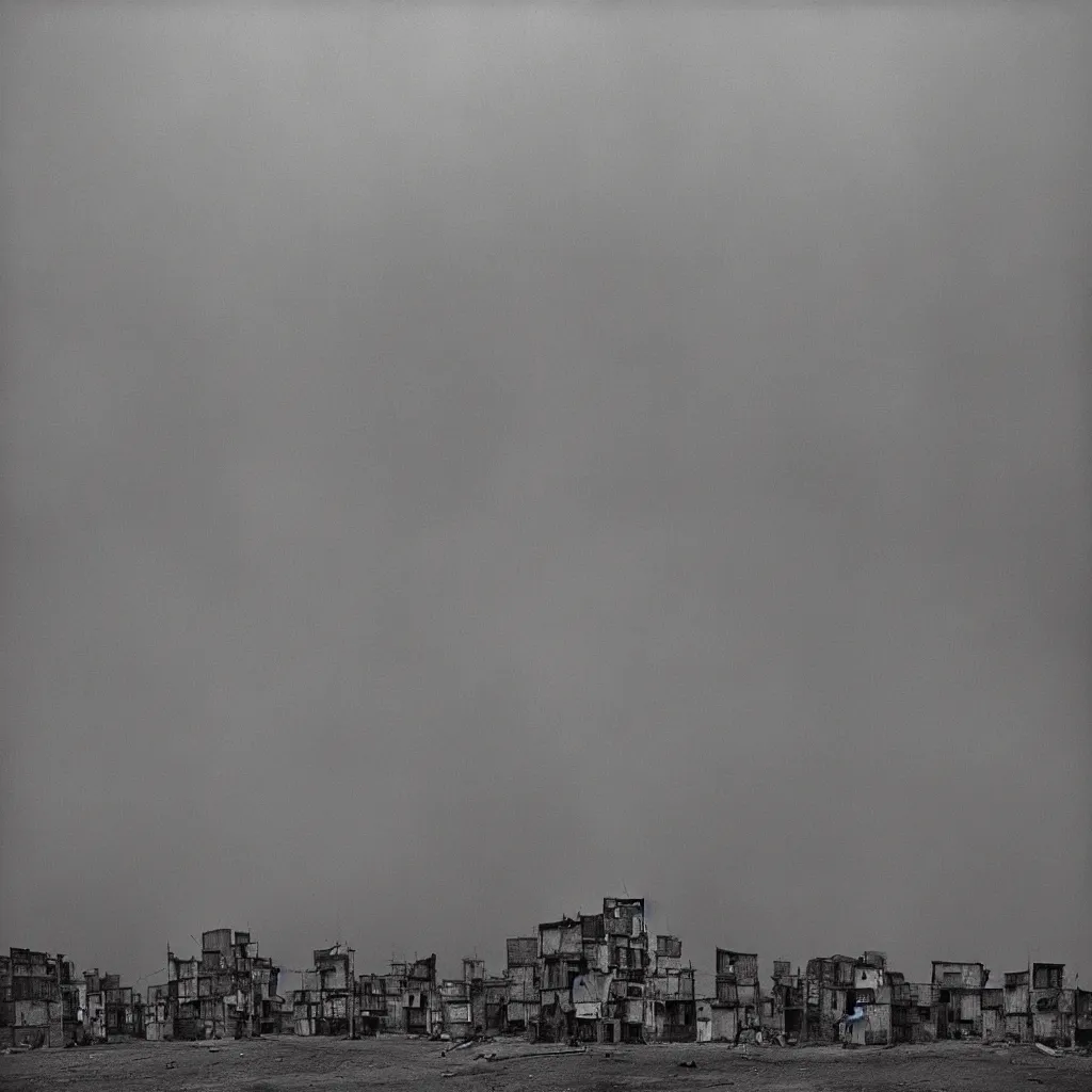 Prompt: towers made up of densely stacked makeshift squatter shacks with faded colours suspended over a quagmire, plain uniform sky at the back, misty, mamiya, ultra sharp, very detailed, photographed by man ray