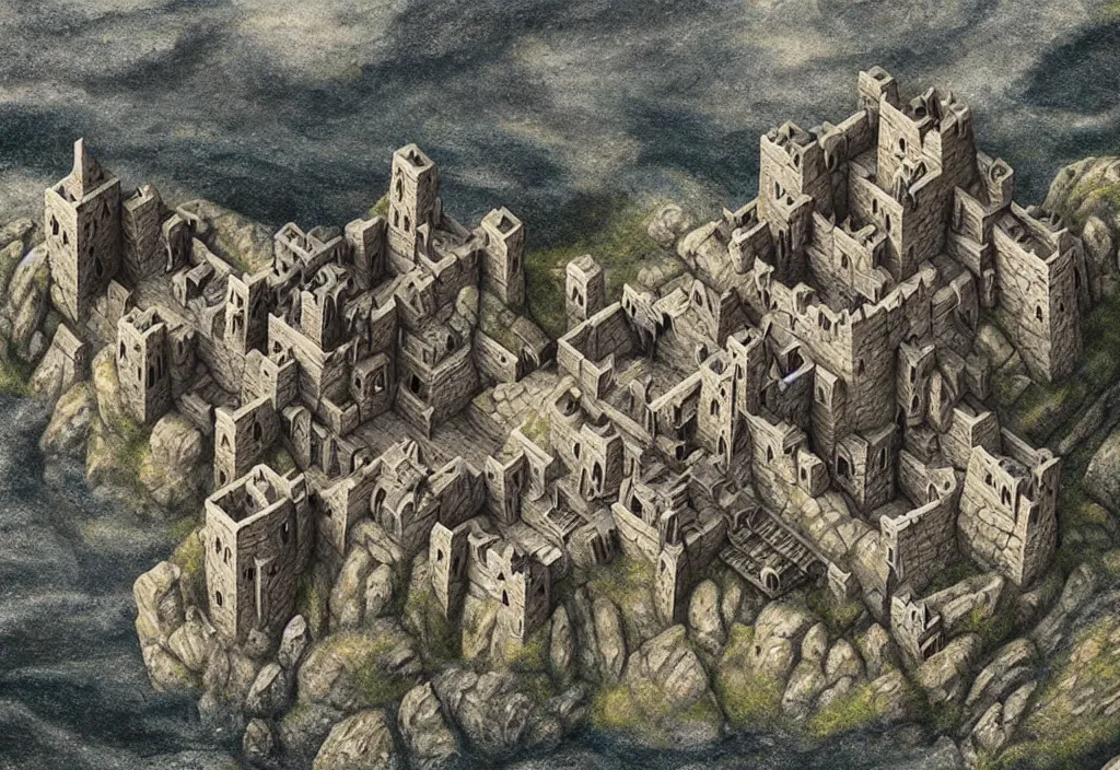 Image similar to aerial view of a dwarven fortress chiseled into the side of a rocky cliff, a matte oil painting, by tolkien, epic, medieval fantasy, mountain halls, high winds, torches, waterwheels, windmills, runes, ornate jewels, trading depots, extremely detailed, sharp focus