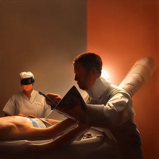 Image similar to A surgeon operating on the head of a patient, dramatic lighting, digital art