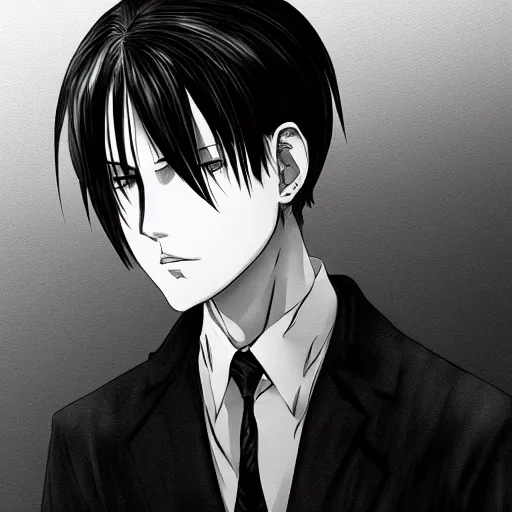 Image similar to Levi Ackerman, elegant, 2d, ultra highly detailed, digital painting, smooth, sharp focus, artstation, black and white art by Hajime Isayama